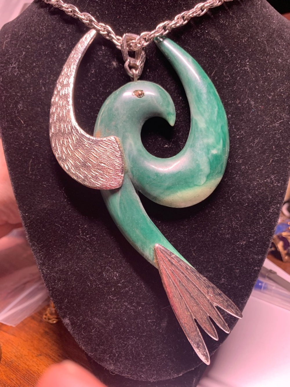 Green Bird Pendant Necklace - Sculpted Resin with Silver-Tone Accents